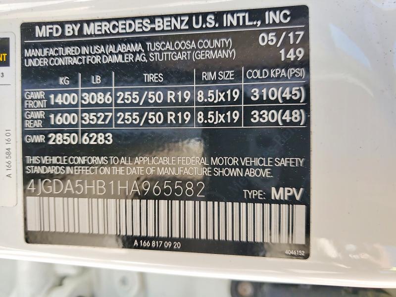 45752726 :رقم المزاد ، 4JGDA5HB1HA965582 vin ، 2017 Mercedes-benz Gle مزاد بيع