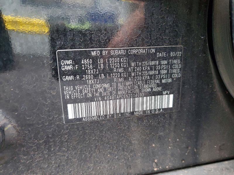 79808475 :رقم المزاد ، 4S4BTAPC6N3214093 vin ، 2022 Subaru Outback مزاد بيع