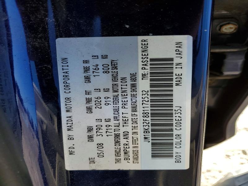 2008 Mazda 3 მანქანა იყიდება აუქციონზე, vin: JM1BK32F881172532, აუქციონის ნომერი: 46459056