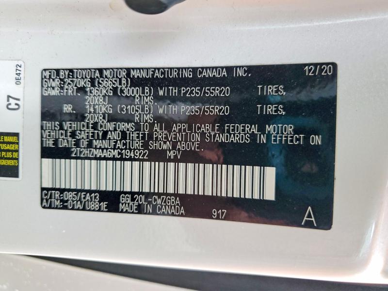 41795306 :رقم المزاد ، 2T2HZMAA6MC194922 vin ، 2021 Lexus Rx 350 مزاد بيع