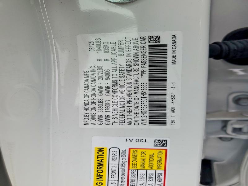 Продаж на аукціоні авто 2026 Honda Civic, vin: 2HGFE2F50TH518668, номер лоту: 47217356