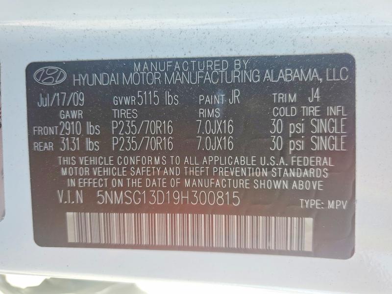 2009 Hyundai Santa Fe მანქანა იყიდება აუქციონზე, vin: 5NMSG13D19H300815, აუქციონის ნომერი: 45660096