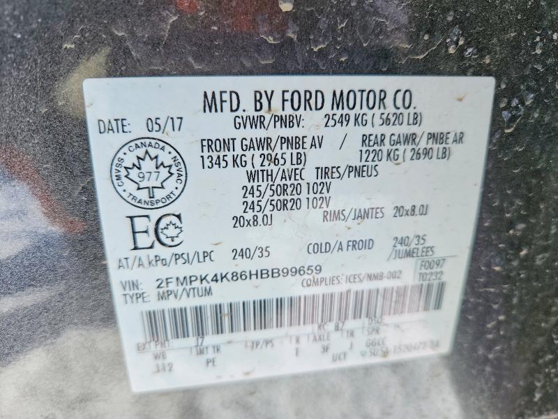 47444196 :رقم المزاد ، 2FMPK4K86HBB99659 vin ، 2017 Ford Edge مزاد بيع