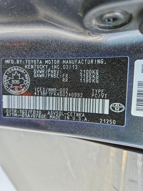 Aukcja sprzedaży 2013 Toyota Camry Le 4dr, vin: 4T1BF1FK4DU240992, numer aukcji: 45662436