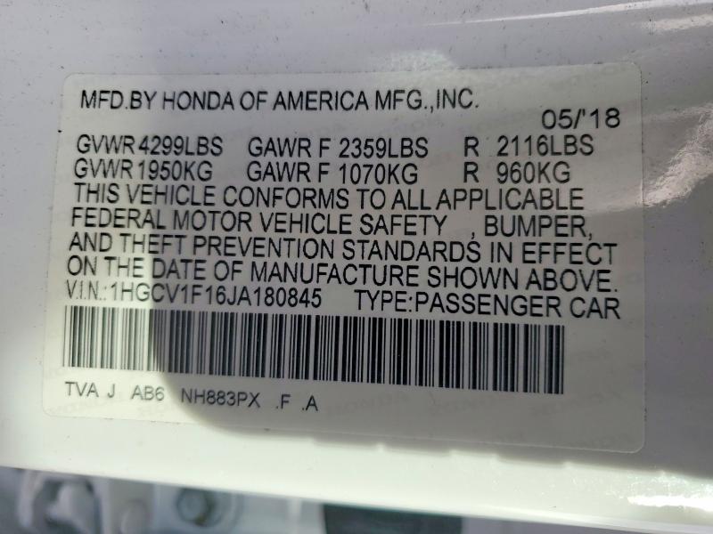 Продаж на аукціоні авто 2018 Honda Accord, vin: 1HGCV1F16JA180845, номер лоту: 79210915