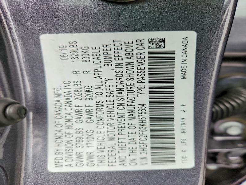 Продажа на аукционе авто 2019 Honda Civic, vin: 2HGFC2F63KH575654, номер лота: 46171626