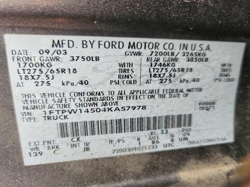 2004 Ford F150 მანქანა იყიდება აუქციონზე, vin: 1FTPW14504KA57978, აუქციონის ნომერი: 48109276