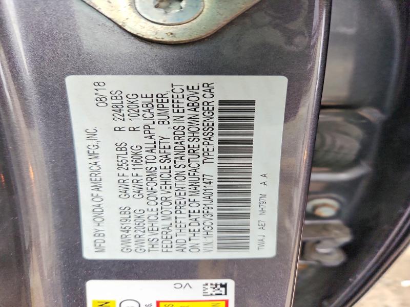 2018 Honda Accord მანქანა იყიდება აუქციონზე, vin: 1HGCV3F91JA011477, აუქციონის ნომერი: 46543766