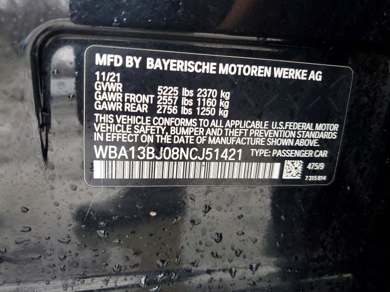 Auction sale of the 2022 Bmw 530, vin: WBA13BJ08NCJ51421, lot number: 41769656