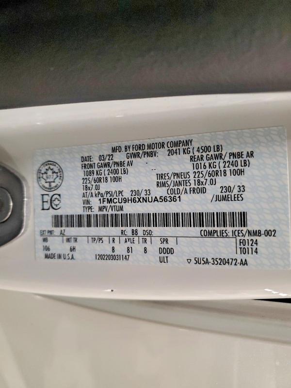 47922176 :رقم المزاد ، 1FMCU9H6XNUA56361 vin ، 2022 Ford Escape مزاد بيع