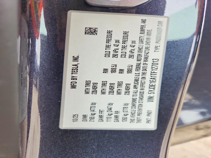 Aukcja sprzedaży 2026 Tesla Model 3, vin: 5YJ3E1EA1TF127013, numer aukcji: 46537216