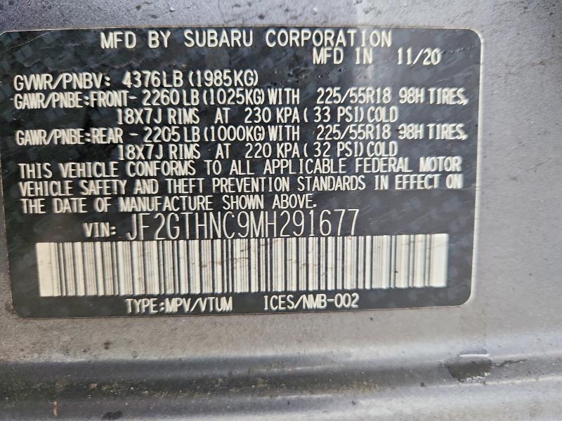 Aukcja sprzedaży 2021 Subaru Crosstrek, vin: JF2GTHNC9MH291677, numer aukcji: 45741166