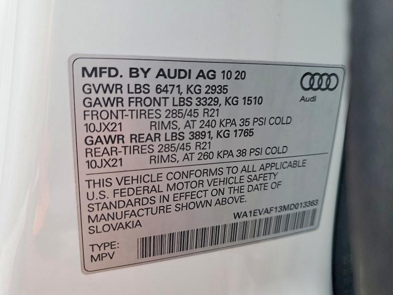 Продаж на аукціоні авто 2021 Audi Q8, vin: WA1EVAF13MD013363, номер лоту: 47819736