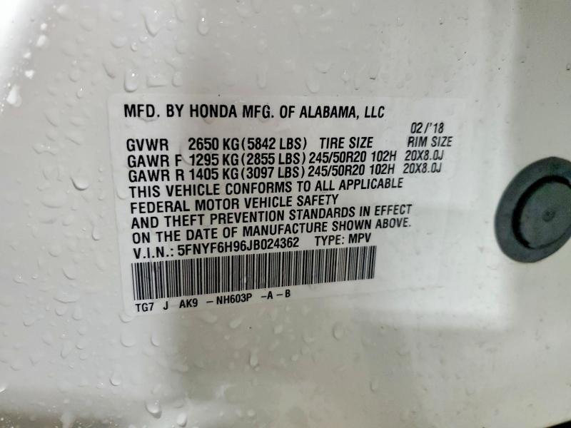 Продажа на аукционе авто 2018 Honda Pilot, vin: 5FNYF6H96JB024362, номер лота: 47062696