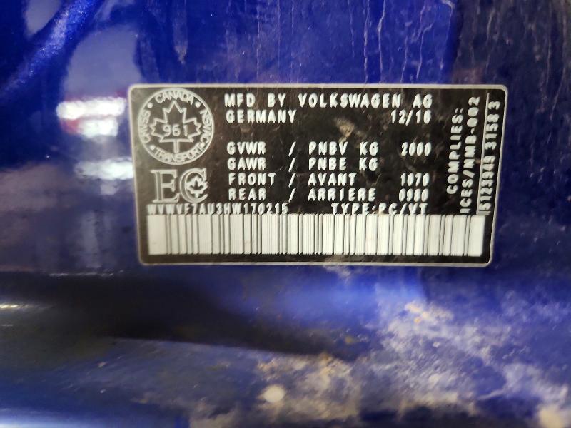 46212376 :رقم المزاد ، WVWVF7AU3HW170215 vin ، 2017 Volkswagen Golf R مزاد بيع