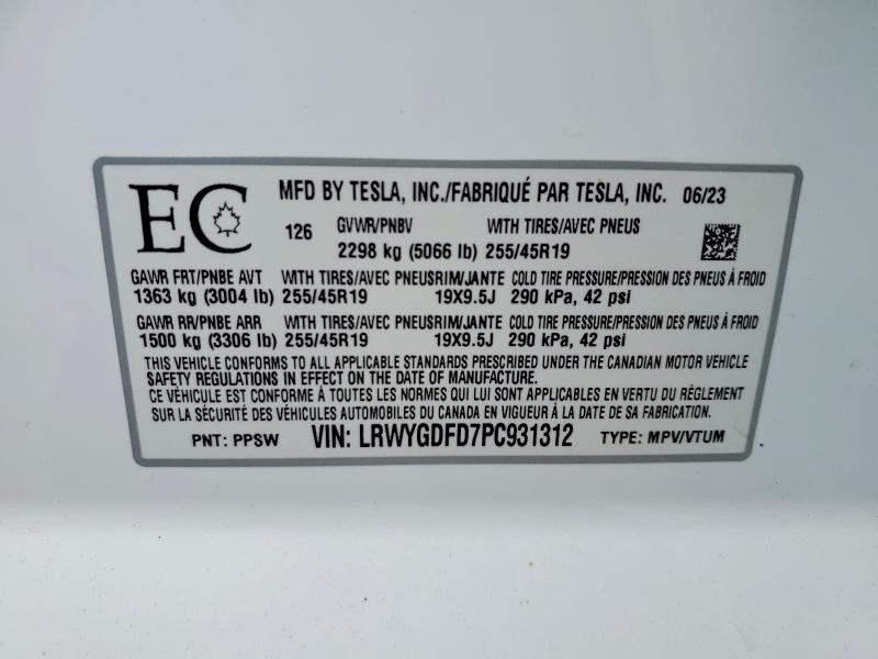 2023 Tesla Model Y მანქანა იყიდება აუქციონზე, vin: LRWYGDFD7PC931312, აუქციონის ნომერი: 47237326