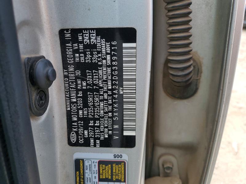 2013 Kia Sorento მანქანა იყიდება აუქციონზე, vin: 5XYKT4A22DG389716, აუქციონის ნომერი: 46038576