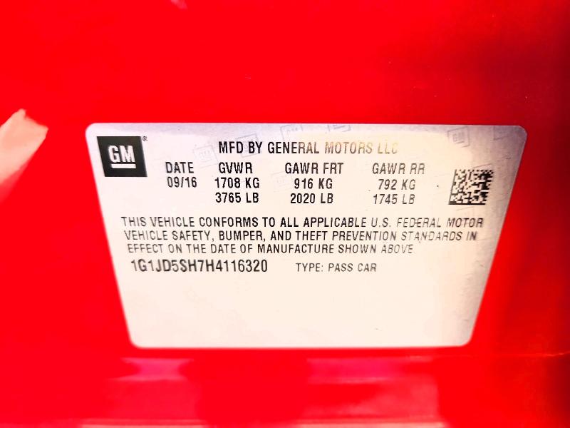 2017 Chevrolet Sonic მანქანა იყიდება აუქციონზე, vin: 1G1JD5SH7H4116320, აუქციონის ნომერი: 45862526
