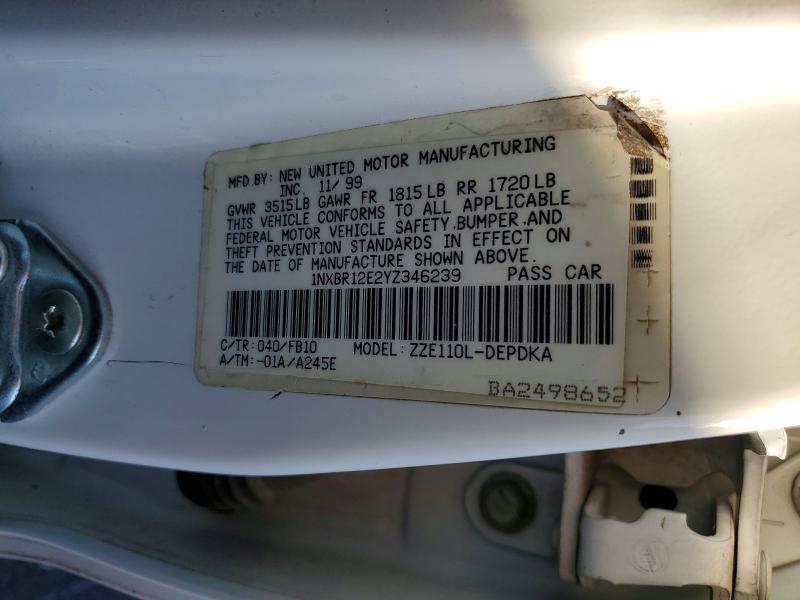 Aukcja sprzedaży 2000 Toyota Corolla, vin: 1NXBR12E2YZ346239, numer aukcji: 46784876