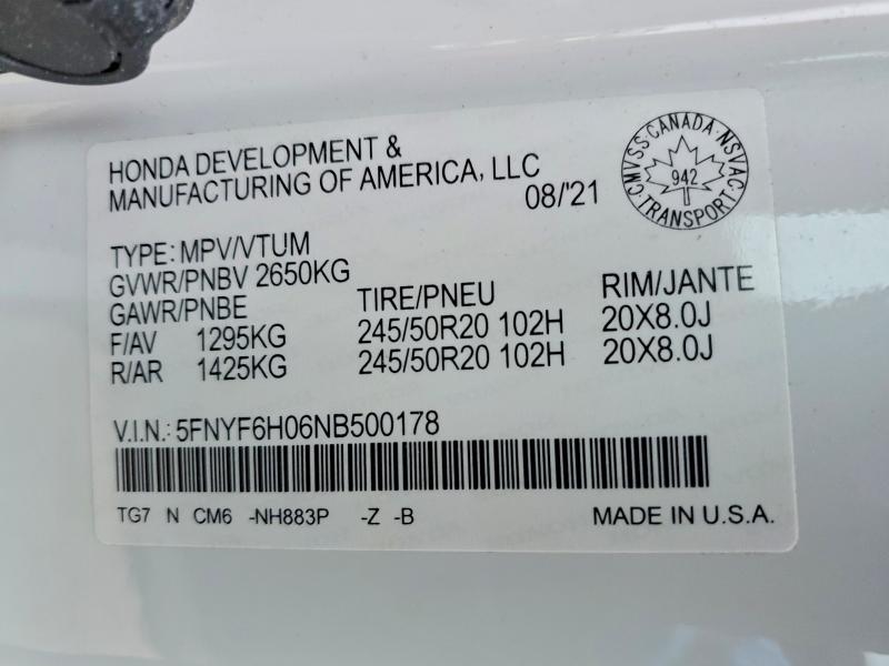 2022 Honda Pilot მანქანა იყიდება აუქციონზე, vin: 5FNYF6H06NB500178, აუქციონის ნომერი: 46682786