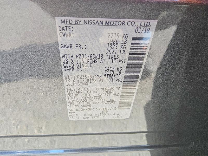 Aukcja sprzedaży 2019 Infiniti Qx60, vin: 5N1DL0MN0KC560029, numer aukcji: 78827345