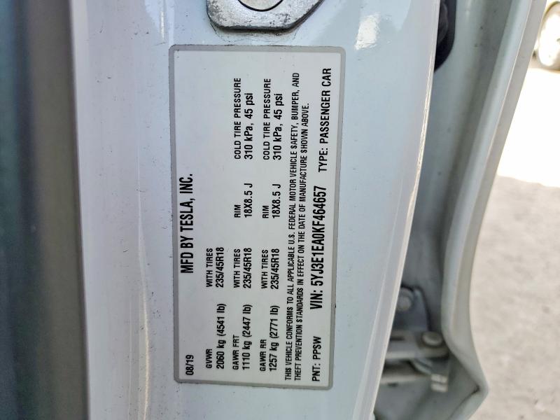 Aukcja sprzedaży 2019 Tesla Model 3, vin: 5YJ3E1EA0KF464657, numer aukcji: 47209476