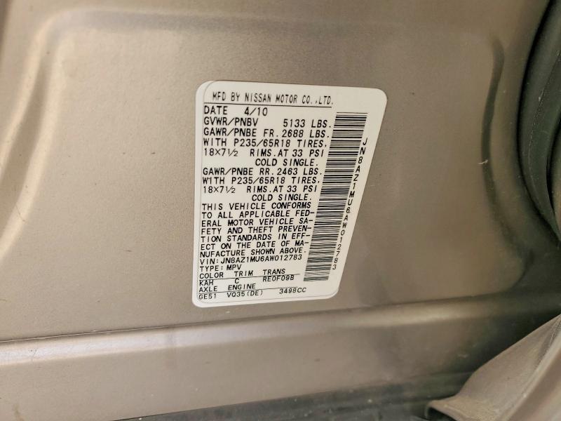 Продажа на аукционе авто 2010 Nissan Murano, vin: JN8AZ1MU6AW012783, номер лота: 41670906