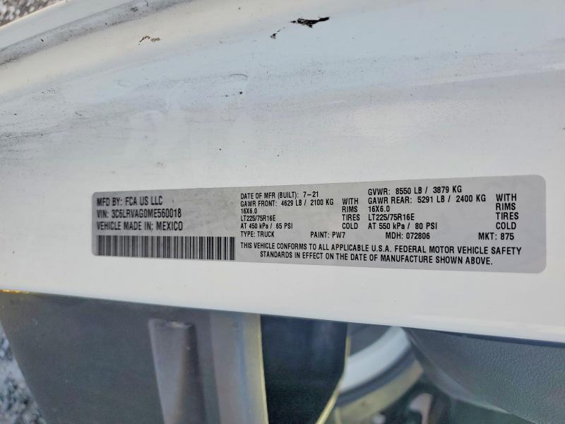 98562165 :رقم المزاد ، 3C6LRVAG0ME560018 vin ، 2021 Ram Promaster 1500 مزاد بيع
