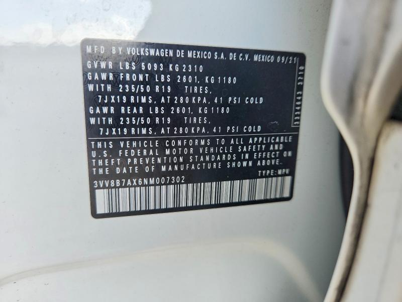 46001096 :رقم المزاد ، 3VV8B7AX6NM007302 vin ، 2022 Volkswagen Tiguan مزاد بيع