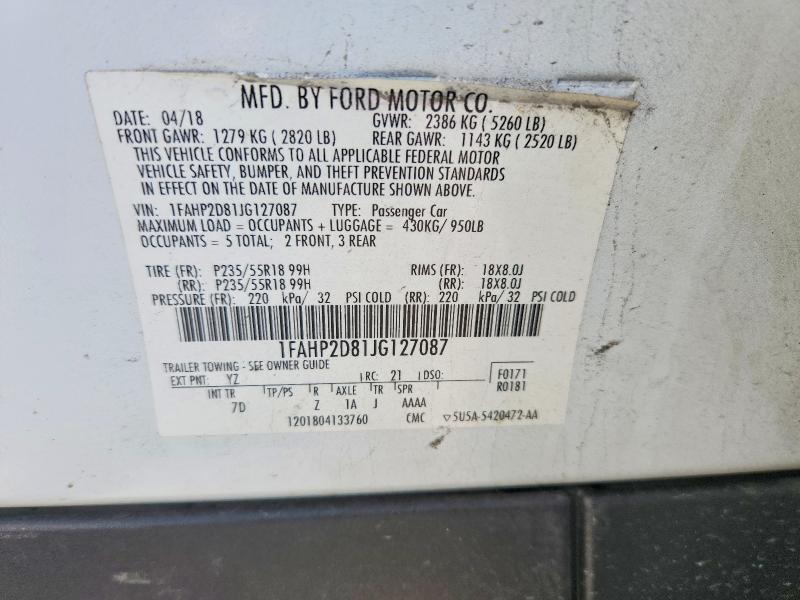 2018 Ford Taurus მანქანა იყიდება აუქციონზე, vin: 1FAHP2D81JG127087, აუქციონის ნომერი: 47789906