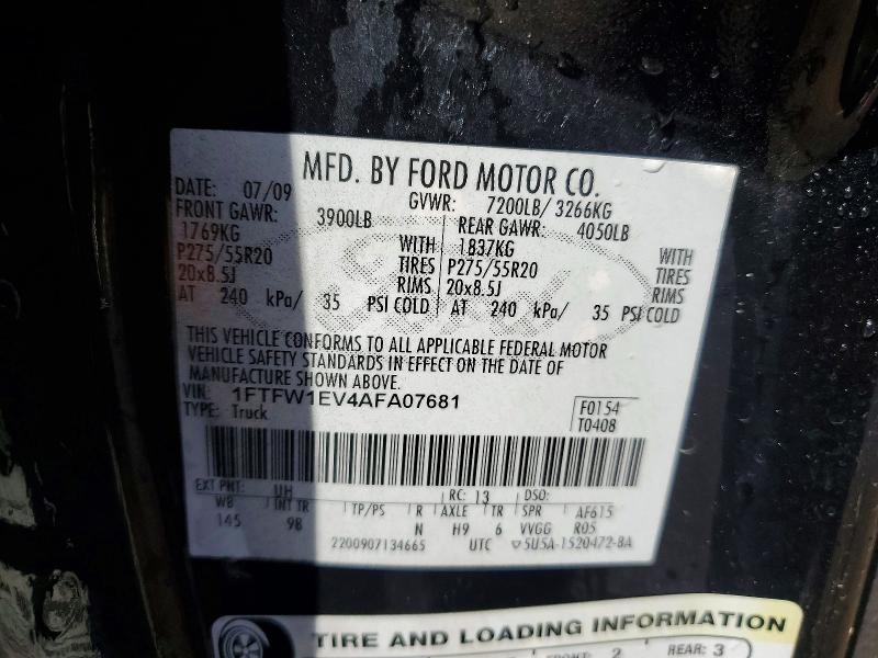 2010 Ford F150 მანქანა იყიდება აუქციონზე, vin: 1FTFW1EV4AFA07681, აუქციონის ნომერი: 45601606