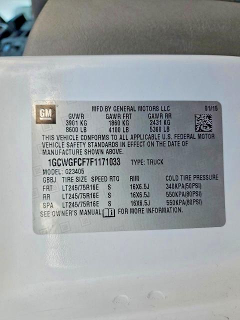 Продаж на аукціоні авто 2015 Chev Express G2500, vin: 1GCWGFCF7F1171033, номер лоту: 96583855