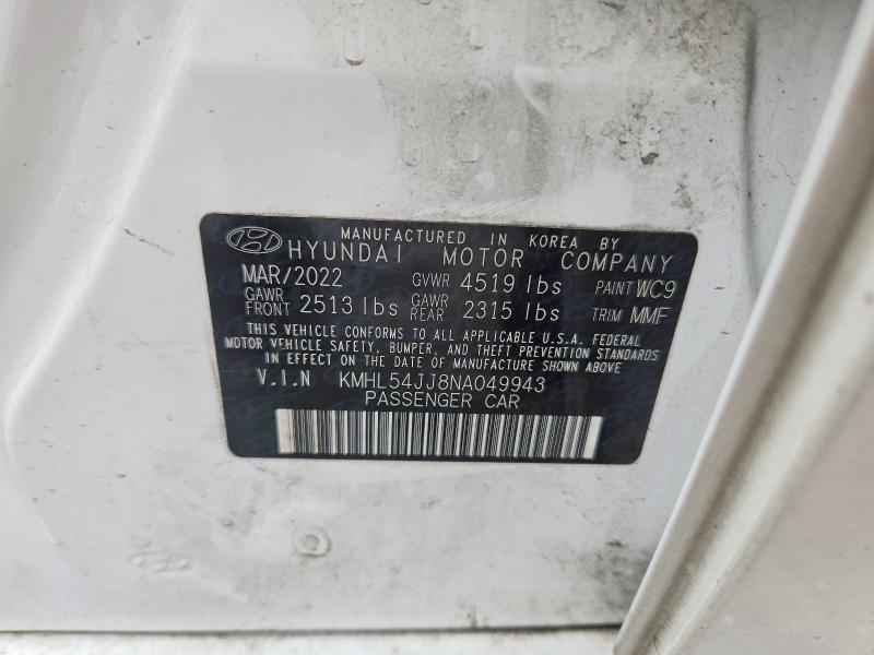 2022 Hyundai Sonata Hybrid მანქანა იყიდება აუქციონზე, vin: KMHL54JJ8NA049943, აუქციონის ნომერი: 41700046