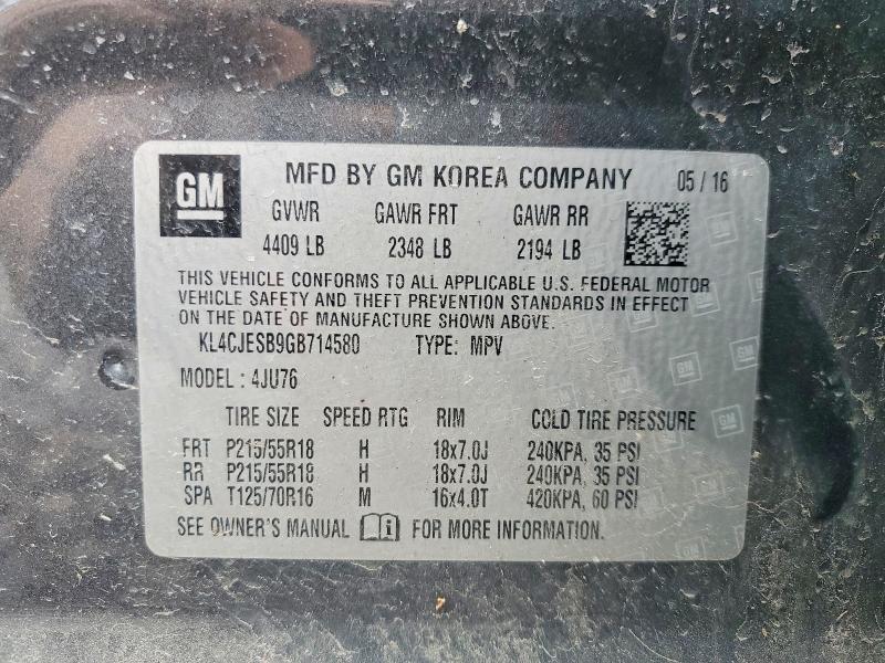 2016 Buick Encore მანქანა იყიდება აუქციონზე, vin: KL4CJESB9GB714580, აუქციონის ნომერი: 46645666