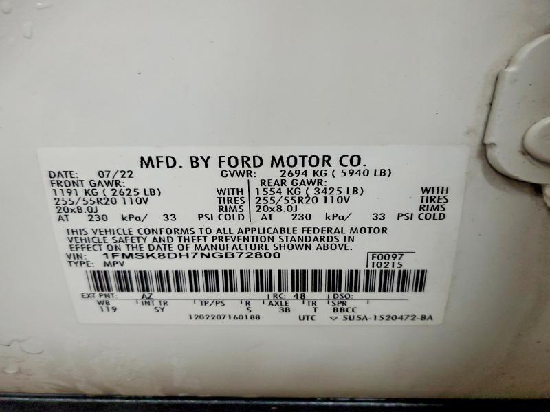 Продажа на аукционе авто 2022 Ford Explorer, vin: 1FMSK8DH7NGB72800, номер лота: 45862096