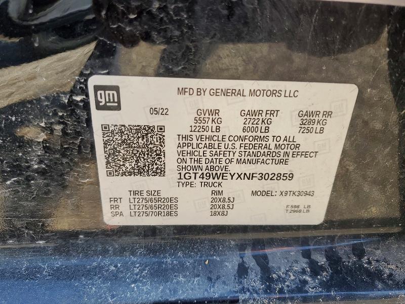 Aukcja sprzedaży 2022 Gmc Sierra, vin: 1GT49WEYXNF302859, numer aukcji: 46611106