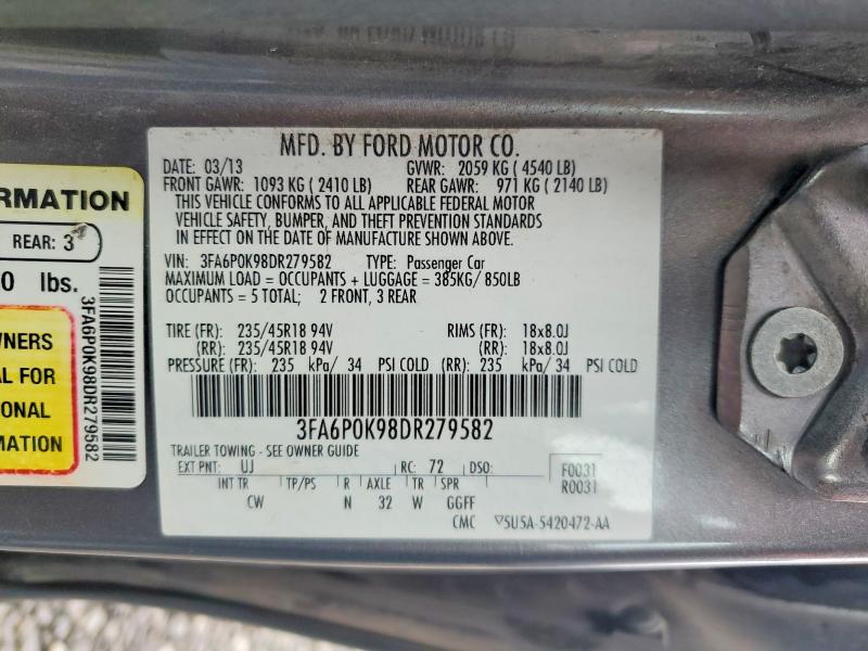 2013 Ford Fusion მანქანა იყიდება აუქციონზე, vin: 3FA6P0K98DR279582, აუქციონის ნომერი: 77810195