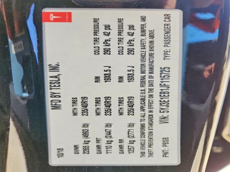 41743556 :رقم المزاد ، 5YJ3E1EB1JF115725 vin ، 2018 Tesla Model 3 مزاد بيع