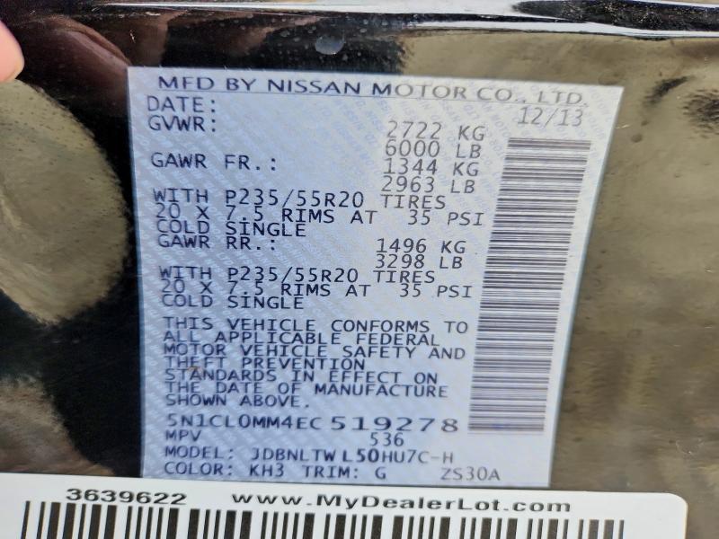 47803396 :رقم المزاد ، 5N1CL0MM4EC519278 vin ، 2014 Infiniti Qx60 Hybrid مزاد بيع
