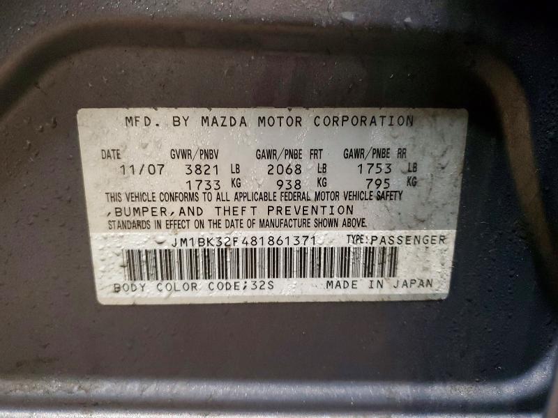 2008 Mazda Mazda3 I Sport 4dr მანქანა იყიდება აუქციონზე, vin: JM1BK32F481861371, აუქციონის ნომერი: 42039146