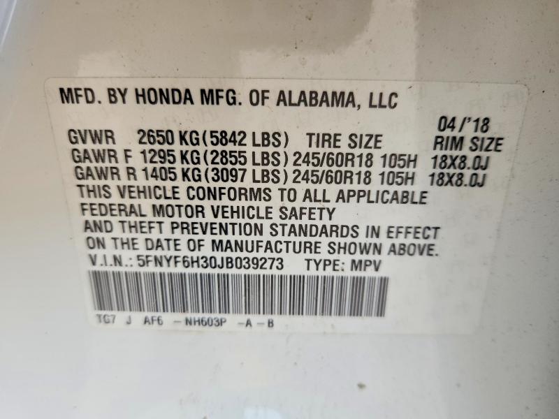 Продаж на аукціоні авто 2018 Honda Pilot, vin: 5FNYF6H30JB039273, номер лоту: 47990136