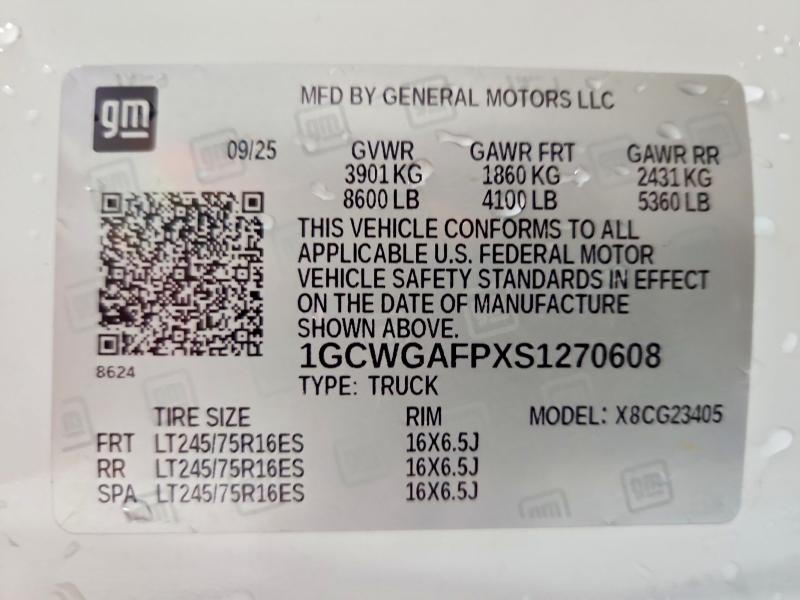 Продаж на аукціоні авто 2025 Chevrolet Express G2500, vin: 1GCWGAFPXS1270608, номер лоту: 45451636