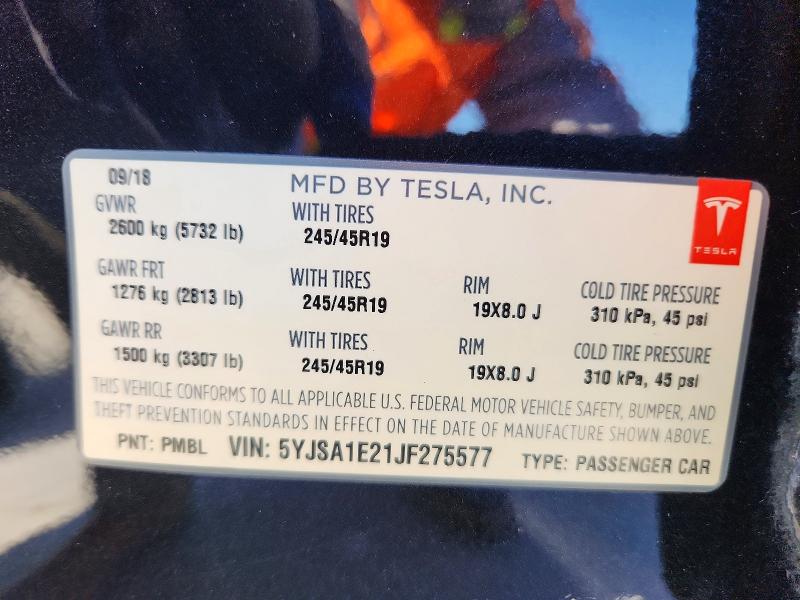 2018 Tesla Model S მანქანა იყიდება აუქციონზე, vin: 5YJSA1E21JF275577, აუქციონის ნომერი: 45861036