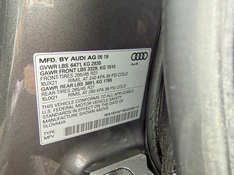 Aukcja sprzedaży 2019 Audi Q8, vin: WA1BVAF19KD039112, numer aukcji: 46421856