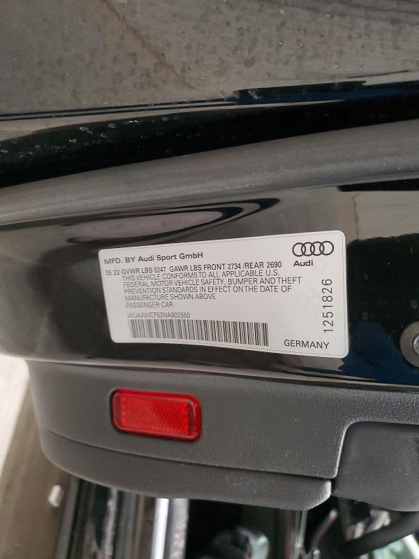 2022 Audi Rs5 მანქანა იყიდება აუქციონზე, vin: WUAAWCF52NA902550, აუქციონის ნომერი: 46267186