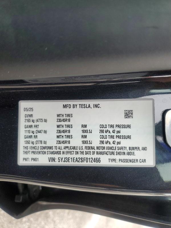 Aukcja sprzedaży 2025 Tesla Model 3, vin: 5YJ3E1EA2SF012466, numer aukcji: 45521586
