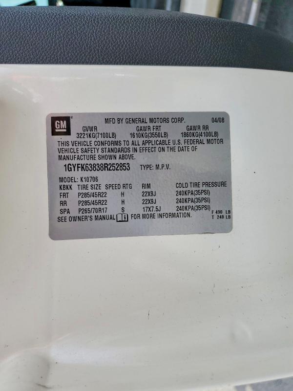 45511516 :رقم المزاد ، 1GYFK63838R252853 vin ، 2008 Cadillac Escalade مزاد بيع