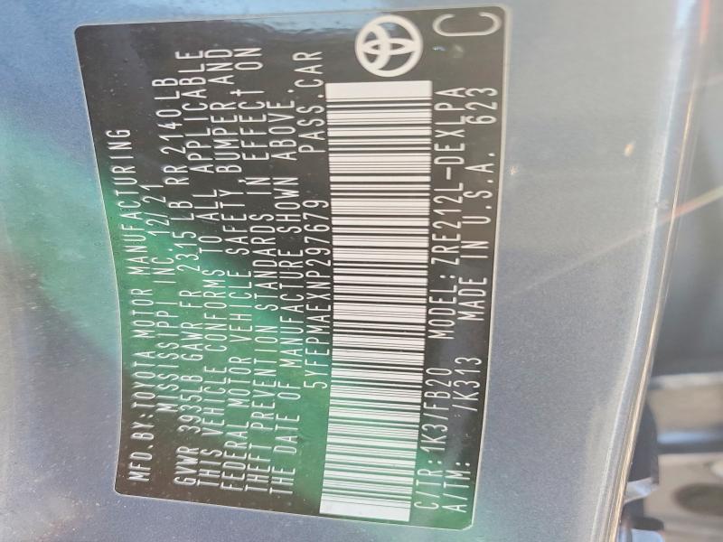 Aukcja sprzedaży 2022 Toyota Corolla, vin: 5YFEPMAEXNP297679, numer aukcji: 45592236
