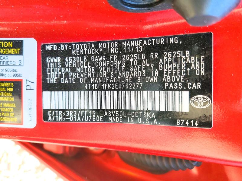 Aukcja sprzedaży 2014 Toyota Camry, vin: 4T1BF1FK2EU762277, numer aukcji: 47239136
