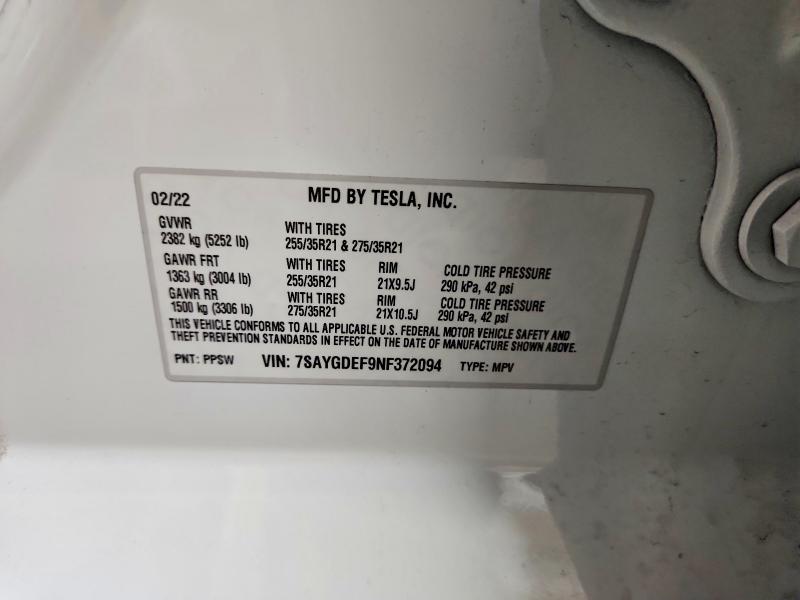 47082656 :رقم المزاد ، 7SAYGDEF9NF372094 vin ، 2022 Tesla Model Y مزاد بيع